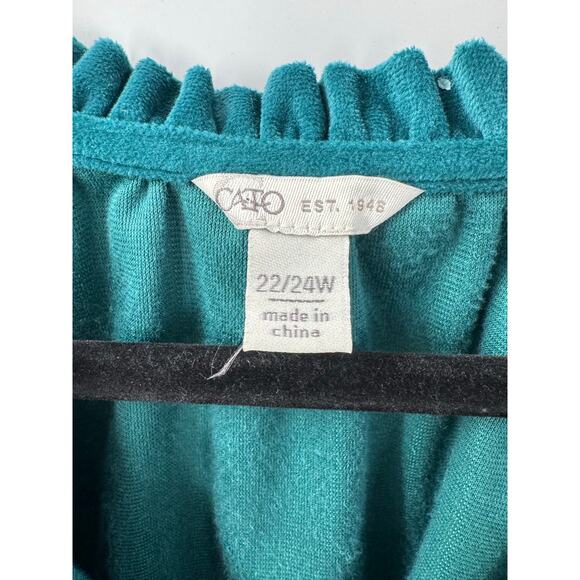 Cato Women's 22/24W Teal Velvet Ruffle Bell Sleeve V-Neck Tassel Dressy Blouse - Picture 5 of 8